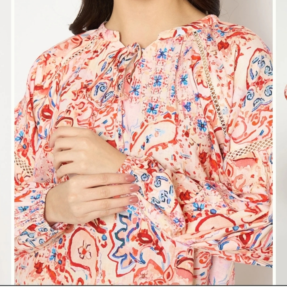 Madame 100% Cotton Paisley Print Peasant Blouse Size XS